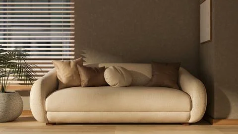 Leather sofa and stone pot plant on wooden parquet floor with light through.. Stock Illustration