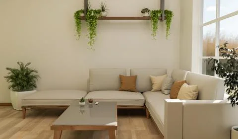 Leather sofa and wooden table on parquet floor under hanging creeper plant .. Stock Illustration