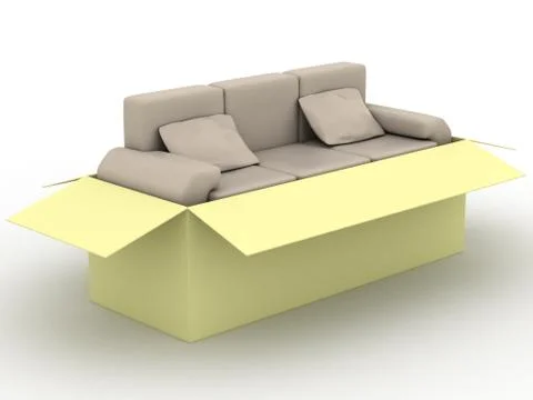 Leather sofa in a packing box. 3D image. Illustrazione stock