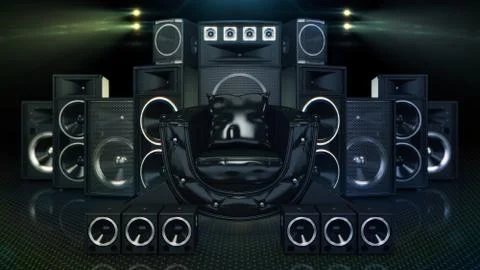 Leather sofa surrounded by speakers and electric guitar Stock Illustration