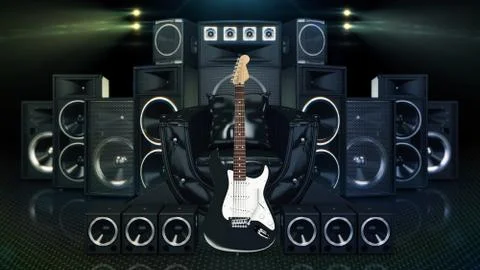 Leather sofa surrounded by speakers and electric guitar Stock Illustration