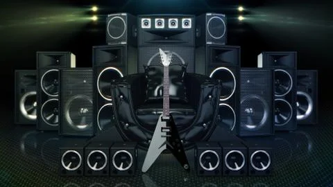 Leather sofa surrounded by speakers and electric guitar Stock Illustration