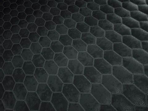Leather stitched hexagon or honecomb black shiny texture Illustrazione stock
