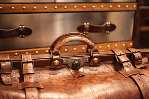 Leather suitcase close-up Stock Photos