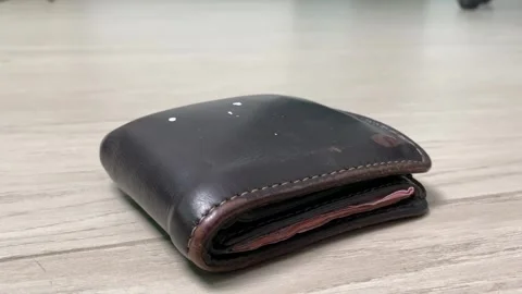 Leather wallet with banknotes inside dropping on the floor indoor slow motion Stock Footage 249986493