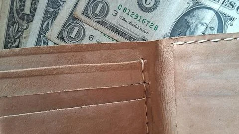 Leather wallet with dollar bills inside. Business financial concept image. Male Stock Photos