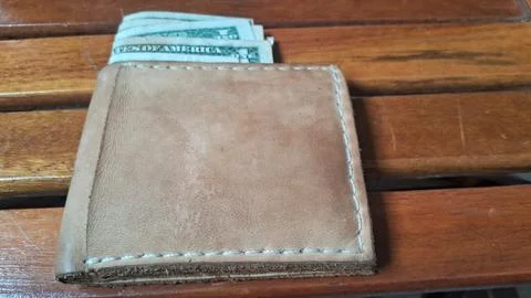 Leather wallet with dollar bills inside. Businessman holding cash in wallet, Stock Photos