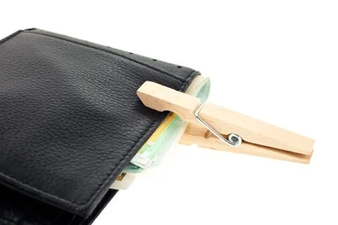 Leather wallet with euro notes keeped with a pin Stock Photos