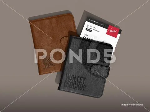 Leather Wallet Mockup with Boarding Pass Template PSD