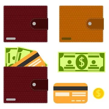 Leather wallets with dollar cash banknotes credit cards and coin vector flat Stock Illustration