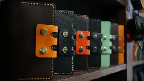Leather wallets in a row on shelf, different colors, same minimalist style Stock Footage 312258770