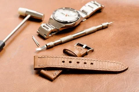 Leather watch strap Stock Photos