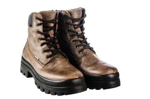 Leather winter boot. Isolated on a white Stock Photos