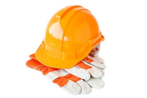 Leather work gloves and safety hat on white background Stock Photos