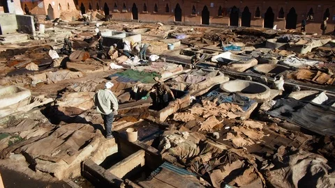 Leather Worker Factory In Marrakech Over View Pan Stock Footage 100635076