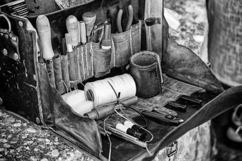 Leather working tools Stock Photos