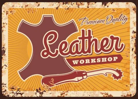 Leather workshop vector rusty metal plate design Stock Illustration