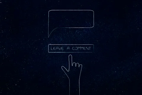 Leave a comment button with hand about to tap and speech bubble with copyspac Stock Illustration