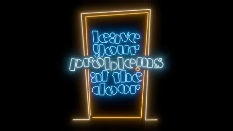 Leave your problems at the door vibrant neon sign black background easy blending Stock Illustration
