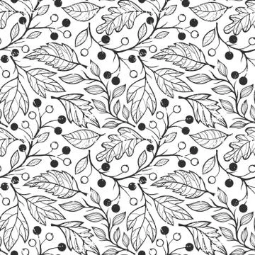Leaves and berries seamless pattern BLACK Stock Illustration