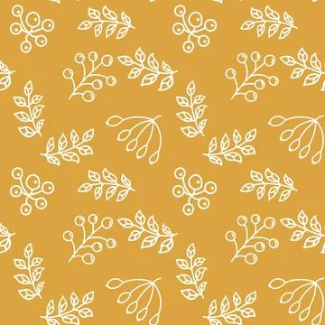 Leaves and berries seamless pattern vector illustration in linear style. Endl Stock Illustration