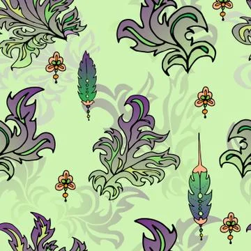 Leaves and feathers pattern. In shades of green. fantastic drawing. Stock Illustration