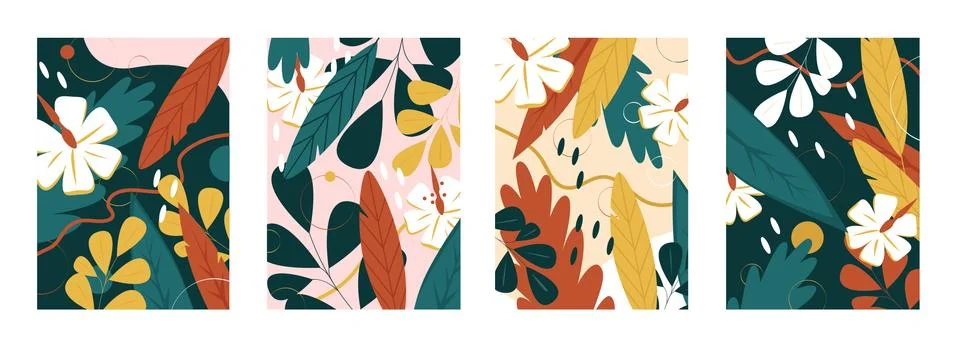 Leaves and flowers floral pattern set, abstract flora design Stock Illustration