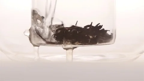 Leaves of black leaf tea are brewed in glass teapot Stock Footage 73768665