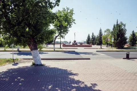 Leaves branches of tree creates shade from the midday sun in city fountain Stock Photos