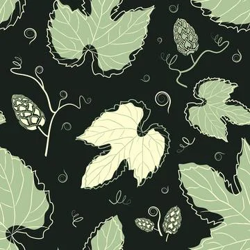 Leaves, cones and sprouts of hops seamless pattern Stock Illustration