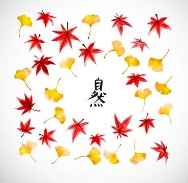 Leaves of gingko tree and red japanese mapl. Traditional Japanese ink wash pa 库存插图