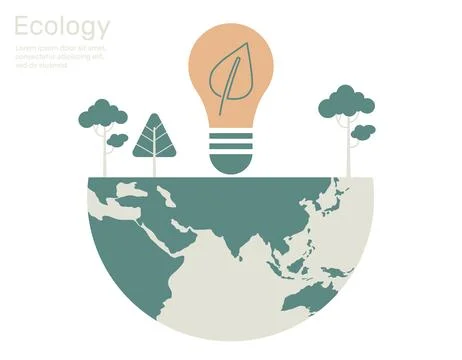 Leaves in light bulb and tree on earth, Green city life ecology concept. Ve.. Stock Illustration