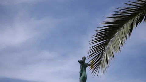 Leaves of palm trees on the background of the statue and clouds Stock Footage 189645054