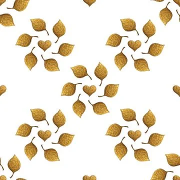 Leaves pattern. Gold hand painted seamless background. Abstract leaf golden.. Stock Illustration