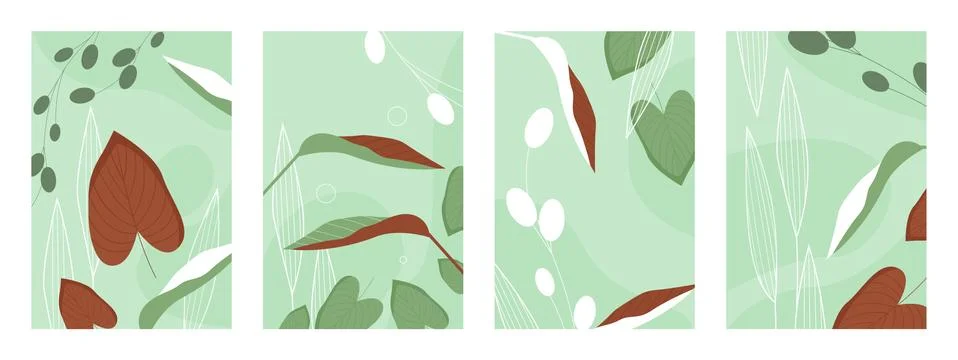 Leaves pattern set, abstract hand drawn green brown natural leaf plants, grass Stock Illustration