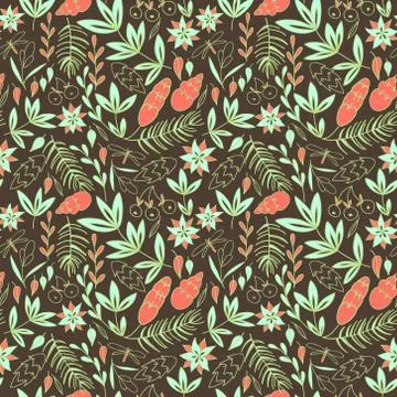 Leaves, pine tree branches and flowers on brown background Stock Illustration