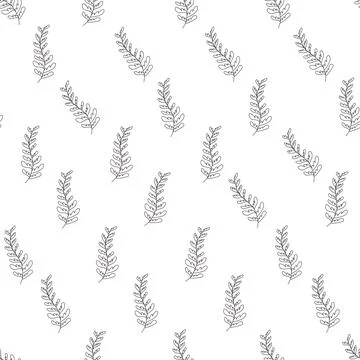 Leaves seamless pattern. Hand drawn linear and silhouette  branches, leaves t Stock Illustration