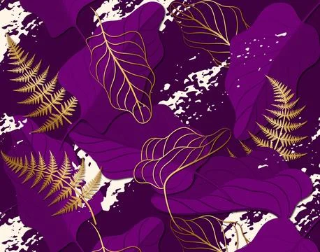 Leaves seamless pattern with splash dark purple background Stock Illustration