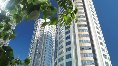 The leaves of the tree swing against the background of tall residential building Stock-Footage 195180222