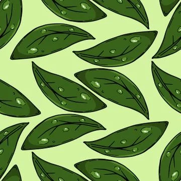 Leaves with water drops seamless pattern. Vector illustration of a seamless p Stock Illustration