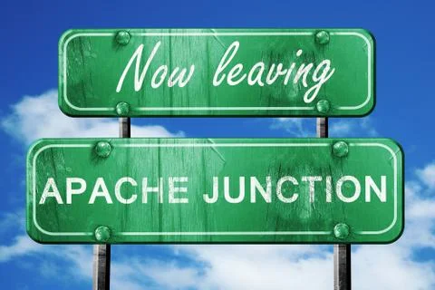 Leaving apache junction, green vintage road sign with rough lett 스톡 일러스트