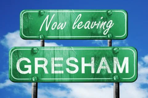 Leaving gresham, green vintage road sign with rough lettering Stock-Illustration