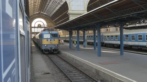 Leaving main train station Budapest Keleti by train 4K view back Stock Footage 43198879
