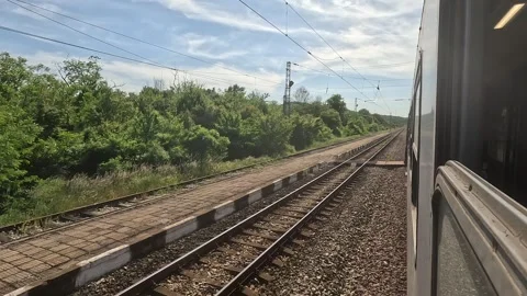 Leaving The Trainstation With Slow Train Stock Footage 244247583
