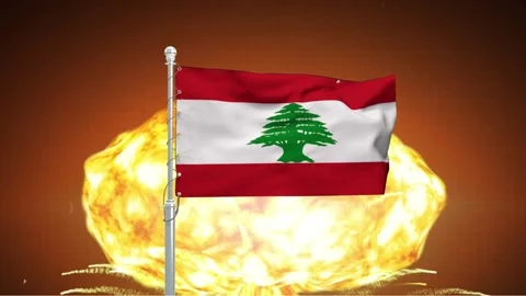 Lebanese flag waving on flagpole in front of large massive nuclear mushroom.. Vídeos de archivo 341868653