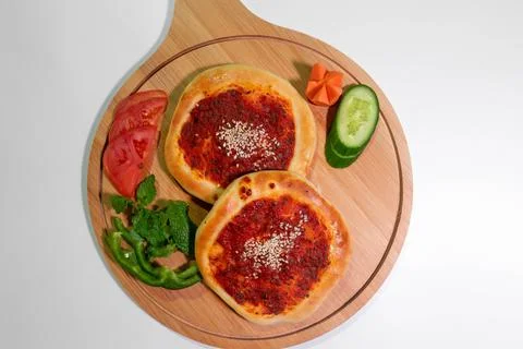 Lebanese Middle Eastern Manakish Flatbread - Arabian food and Pastry Stock Photos