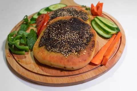 Lebanese Middle Eastern Manakish Flatbread - Arabian food and Pastry Stock Photos