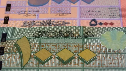 Lebanese pound notes tracking. Slider shot. Low angle, macro. 4K Stock Footage 125954666