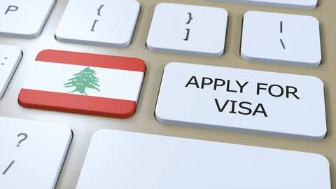 Lebanon, Apply for Visa Concept. Button Push 3D Illustration. Visa Apply for Illustrazione stock