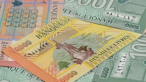 Lebanon currency pound banknotes rotating. Lebanese money, currency. Low angle Stock Footage 104242953